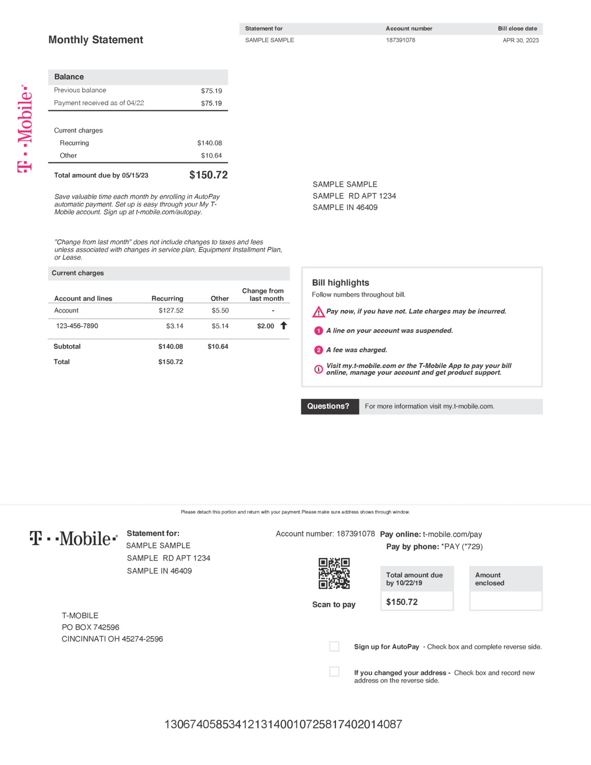 T-Mobile Cell Phone Bill - Editable Template