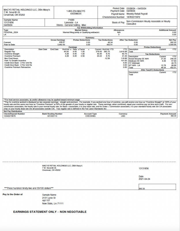 Paystub Editable Template - Macy's | Documentplug