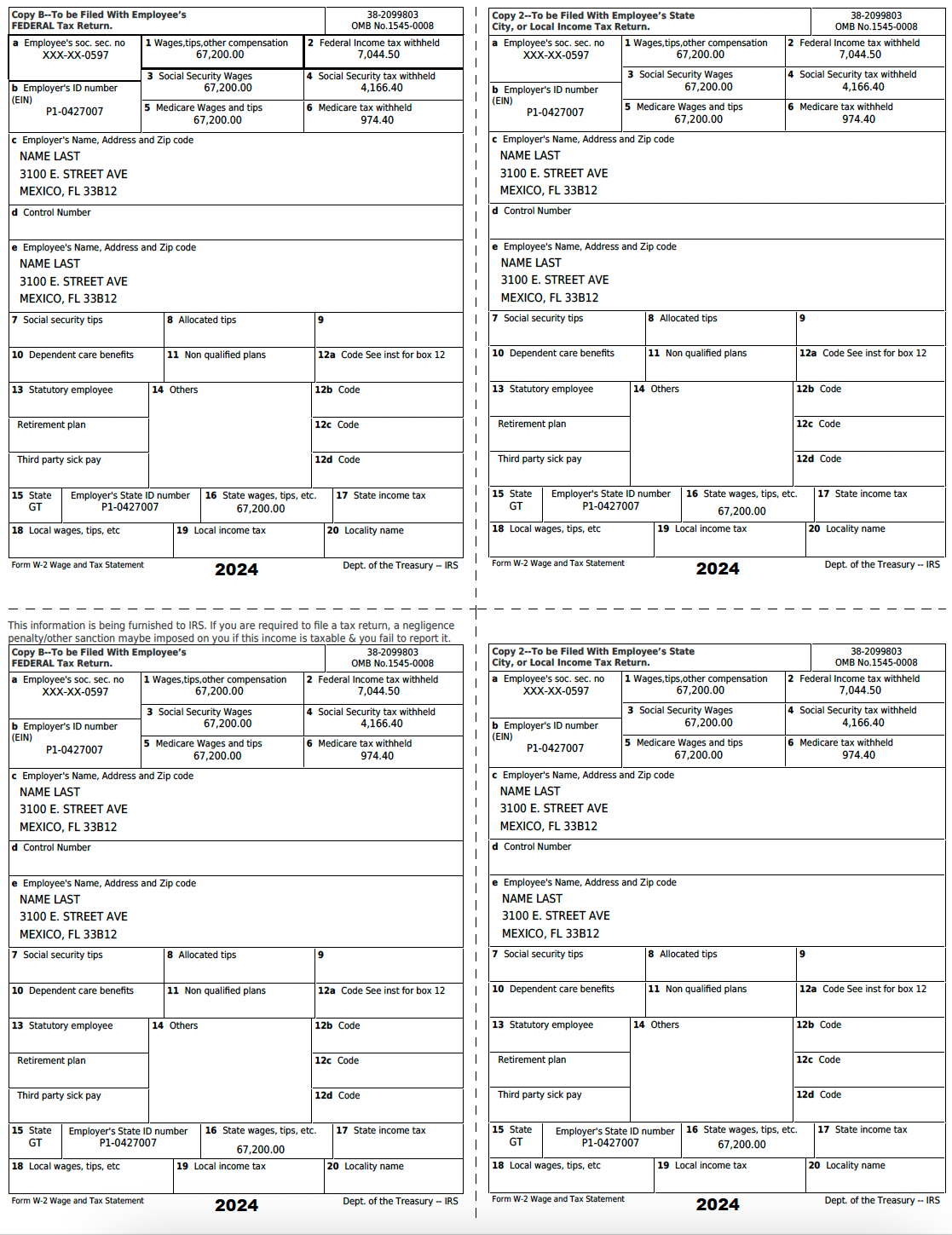 Form W-2 Wage and Tax Statement – 2024 | Editable PDF – Single Page)