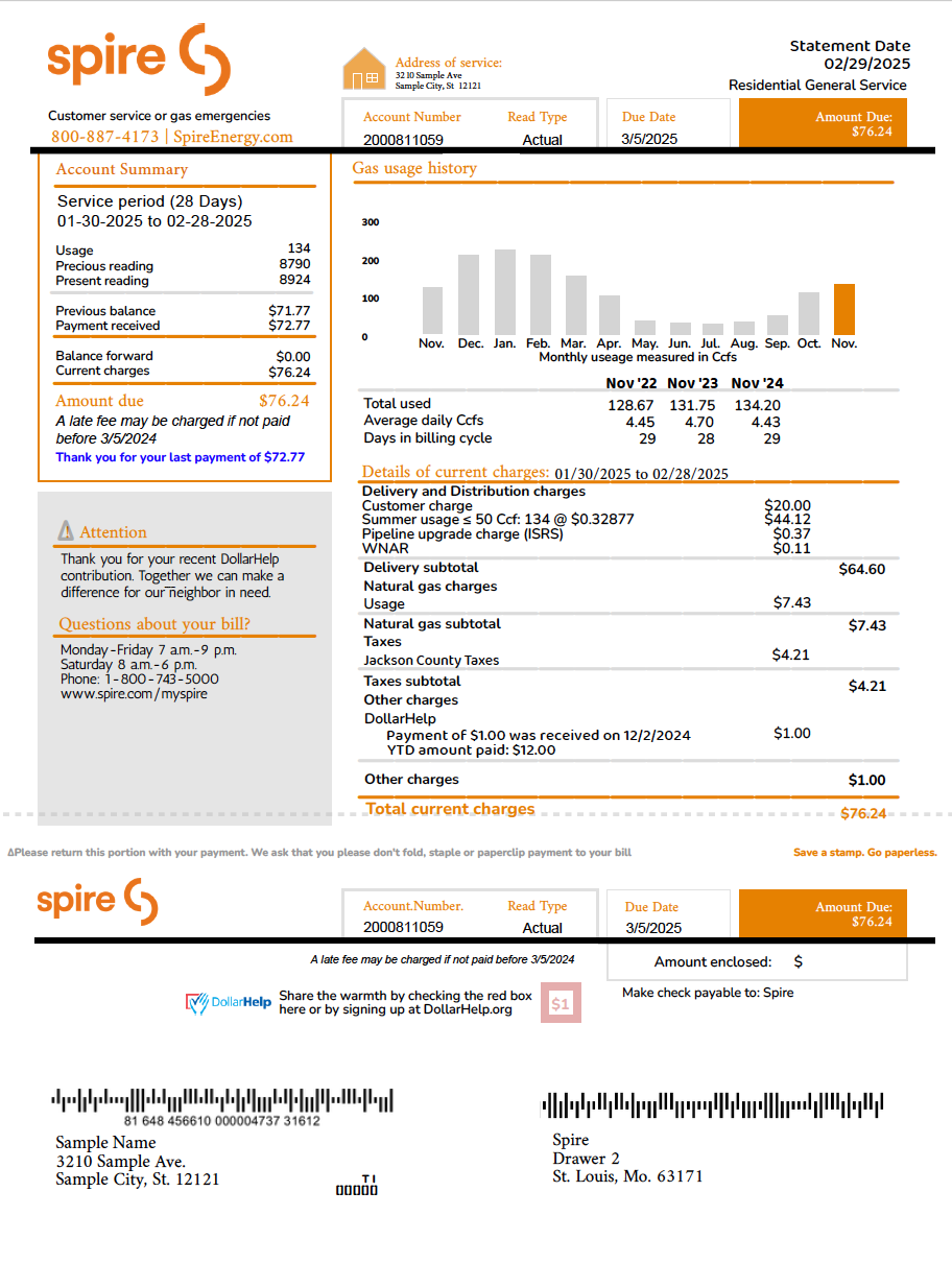 Utility Bill Template – Spire Gas | Editable PDF Format