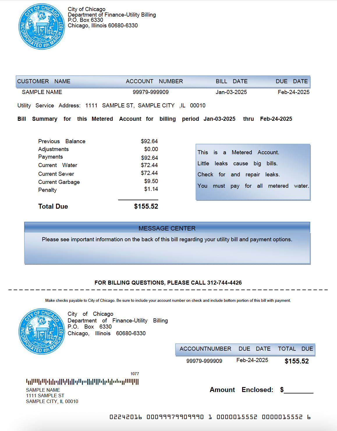 Utility Bill Template – City of Chicago Water &amp; Sewer | Editable PDF Format