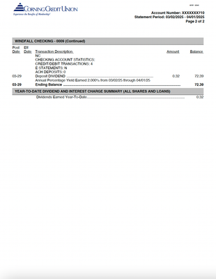 Bank Statement Template – Corning Credit Union | Editable PDF Format
