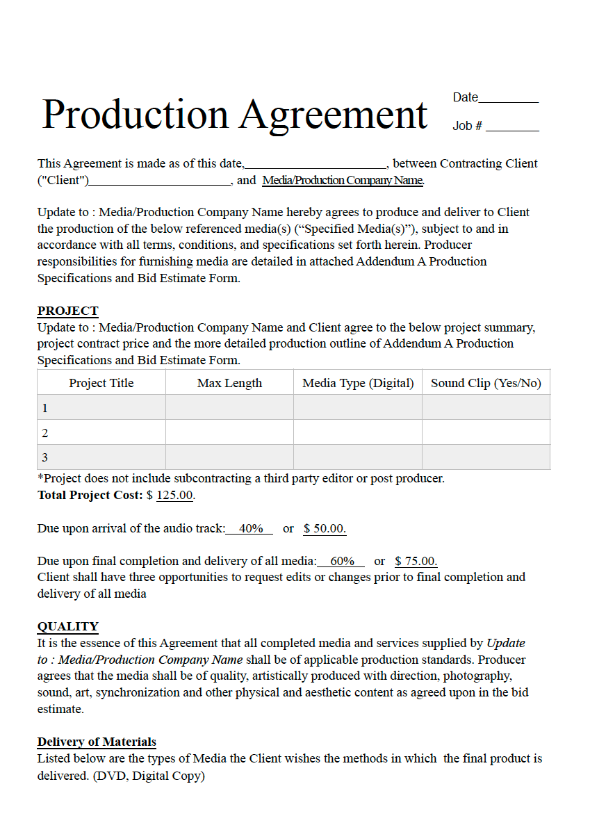 Freelance Production Agreement Template – Media Contract | Editable PDF Format