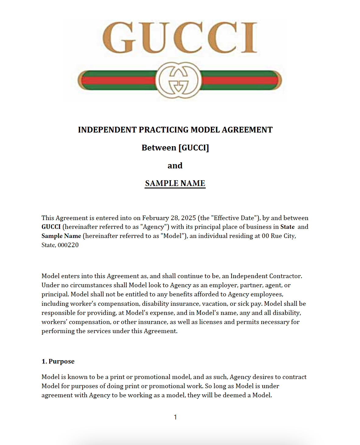 Freelance Model Agreement Template – Gucci Brand Layout | Editable PDF Format