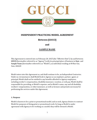Freelance Model Agreement Template – Gucci Brand Layout | Editable PDF Format
