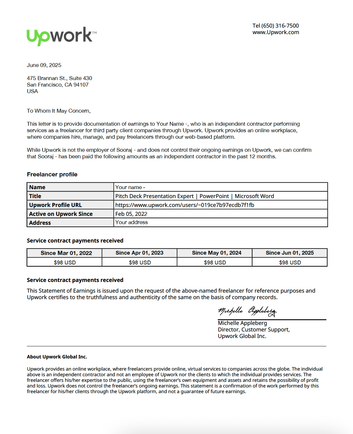 Pay Stub Template – Freelance Upwork Earning Letter | Editable PDF Format
