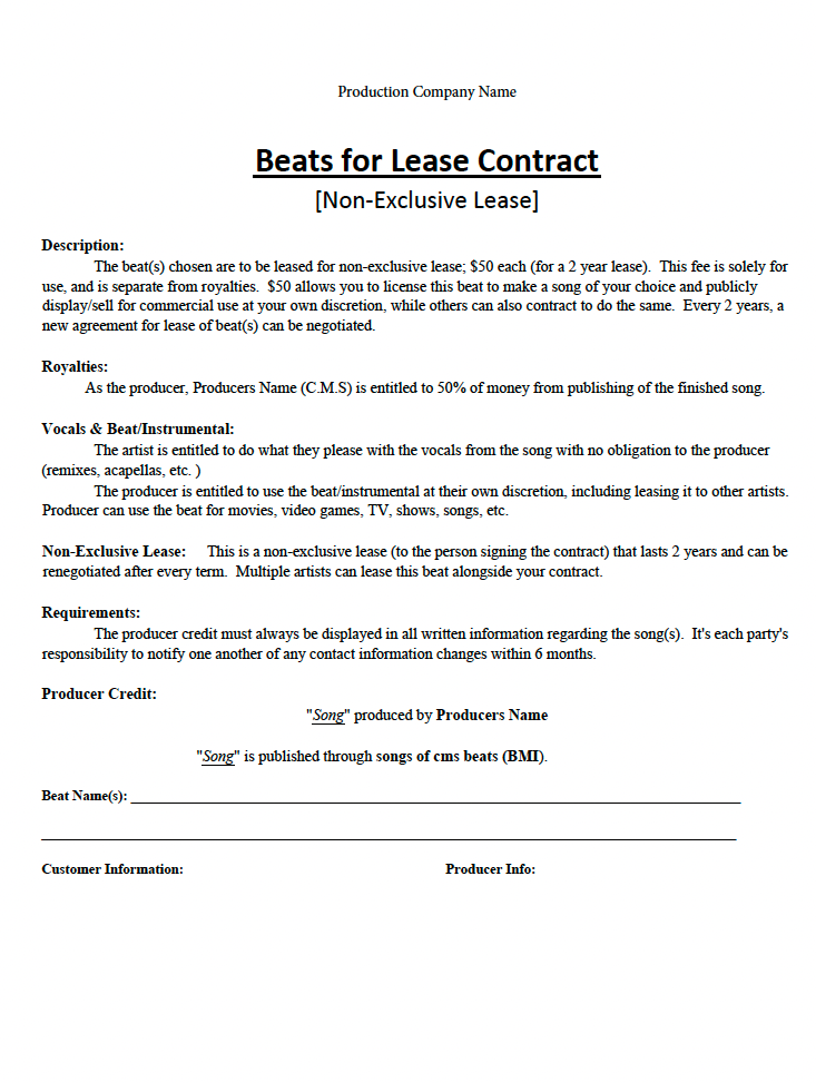 Freelance Music Beat Lease Agreement Template – Non-Exclusive Use | Editable PDF Format