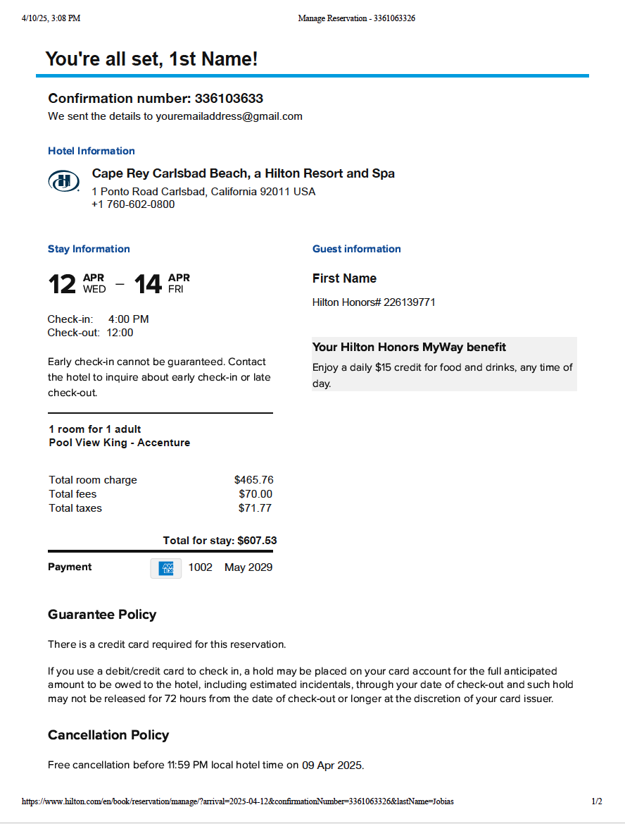 Hilton Hotel Receipt Template – Travel Confirmation | Editable PDF Format