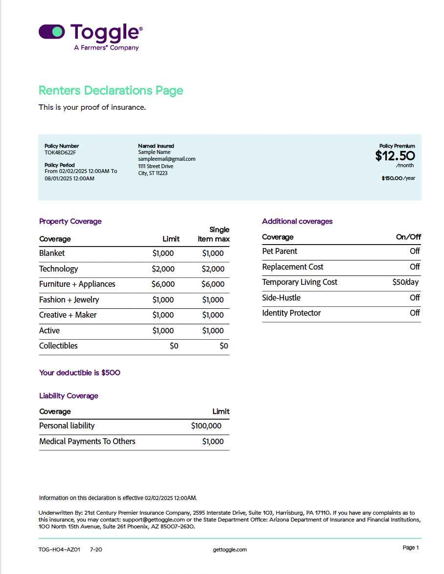 Renters Insurance Card Template (PDF format)