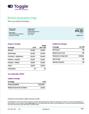Renters Insurance Card Template (PDF format)