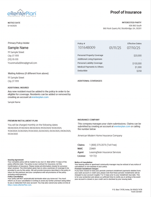 Renters Insurance Card Template (PDF format)