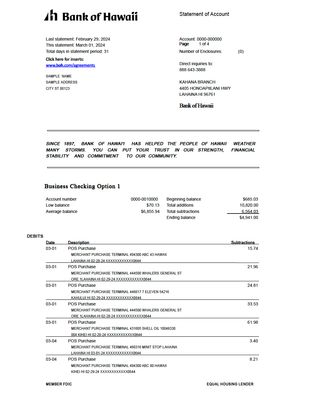 Bank Statement Template – Hawaii | Editable PDF Format