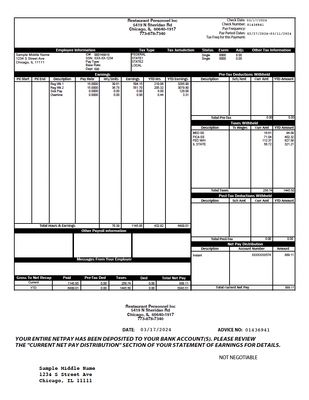 Pay Stub Template – Restaurant Personnel Inc | Editable PDF Format Pay Stub Template – Restaurant Personnel Inc | Editable PDF Format