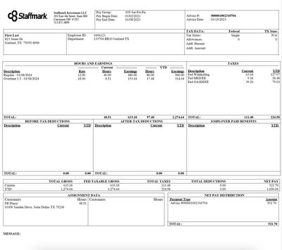 Pay Stub Template – Staffmark Investment | Editable PDF Format