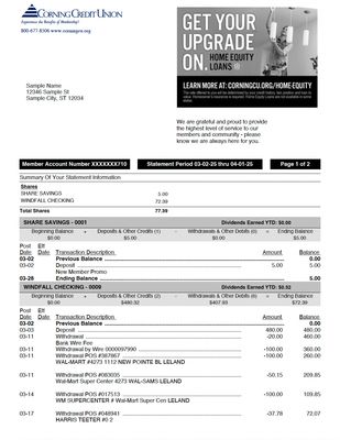 Bank Statement Template – Corning Credit | Editable PDF Format