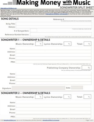 Freelance Songwriter Split Sheet Template – Music Earnings | Editable PDF Format