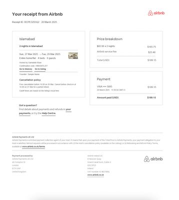 Airbnb Receipt Template | Editable Travel PDF Format