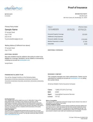 Renters Insurance Card Template – eRenters Plan | Editable PDF Format