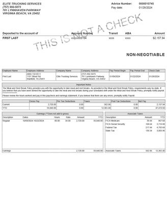 Pay Stub Template β Elite Trucking Service | Editable PDF Format