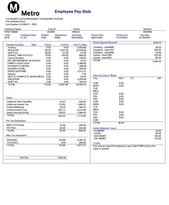Pay Stub Template – LA Metro | Editable PDF Format