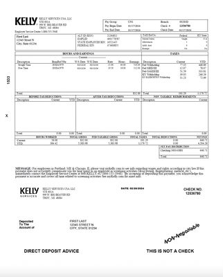 Pay Stub Template – Kelly Services | Editable PDF Format