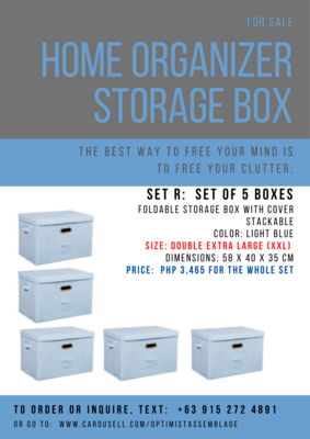Set R:  5 Double Extra Large-sized Light Blue Foldable Home Organizing Storage Boxes with Cover for Sale