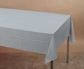 Shimmering Silver with white border plastic tablecover 54" x 102