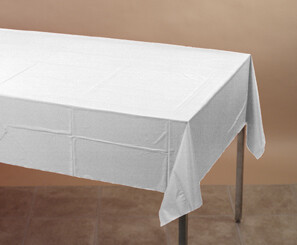 White plastic tablecover 54 inches x 108 inches