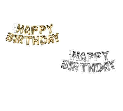 Happy Birthday Metallic Air Filled Balloon Banner Silver and Gold