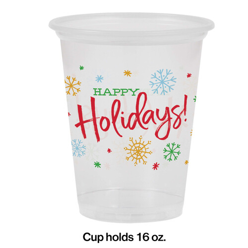 Happy Holidays Plastic 16oz Clear Tumblers