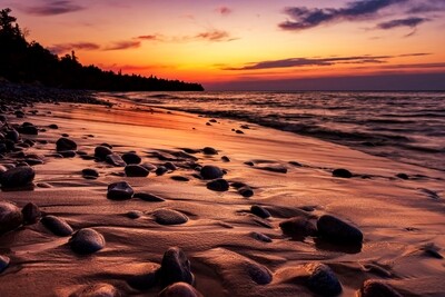 Lake Superior Sunset over Au Sable Point Beach - Michigan Upper Peninsula  - Fine Art Print