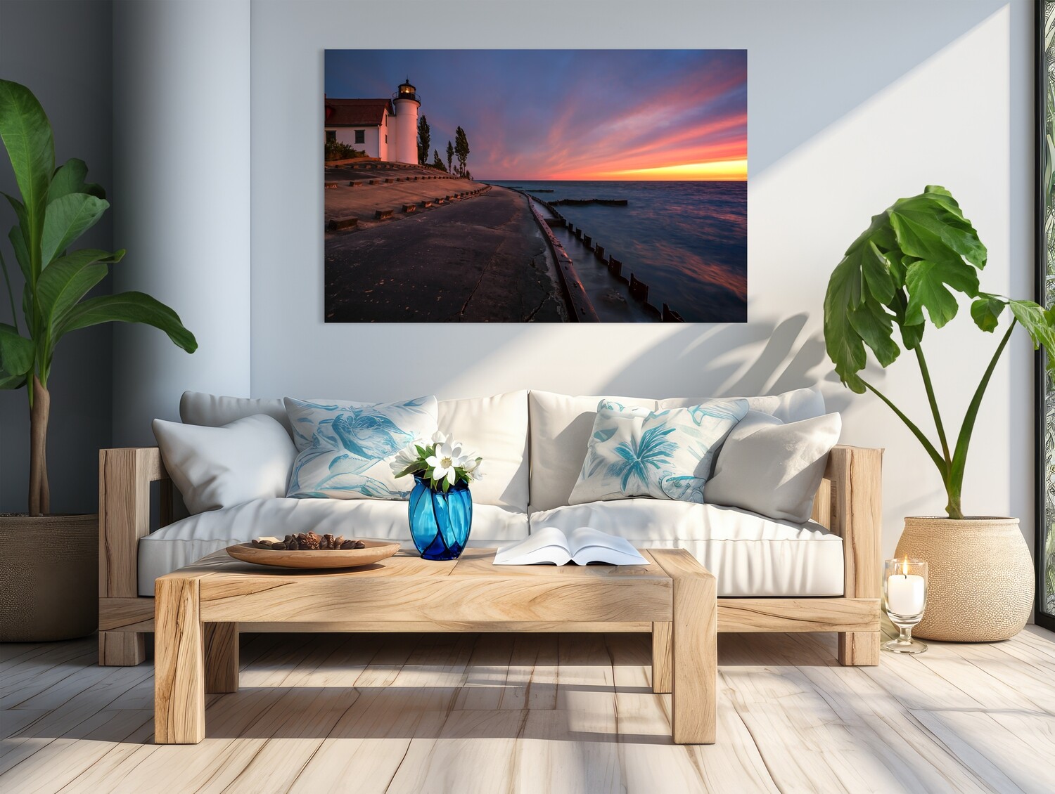 Vivid Sunset Over Lake Michigan at Point Betsie Lighthouse - Art Print