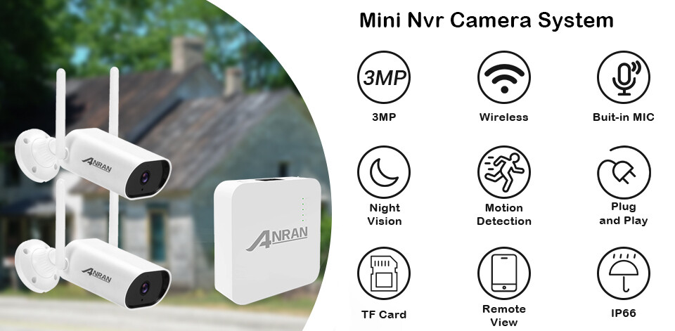 ANRAN 3MP MINI wifi NVR kit 1080P Outdoor 2CH Wireless Home Security Camera surveillance System