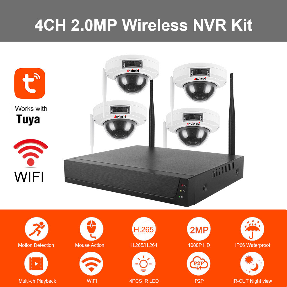 Tuya Smart 1080P H.265+ Wireless 4 Channel NVR Kit Support AI Human Detection Dome CCTV Camera Set