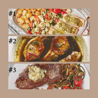 Trout Pesto Traybake / Marmalade Pork & Mash / Steak with Garlic Butter, Vegetables & Chips Mealkit