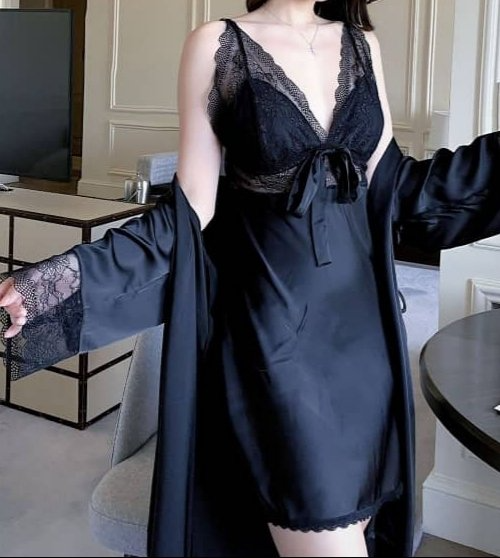 Florence Black Night  Dress with bow and matching  Dressing Gown