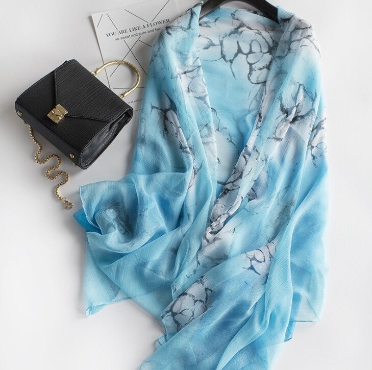 Silk Chiffon Shawl Blue and white