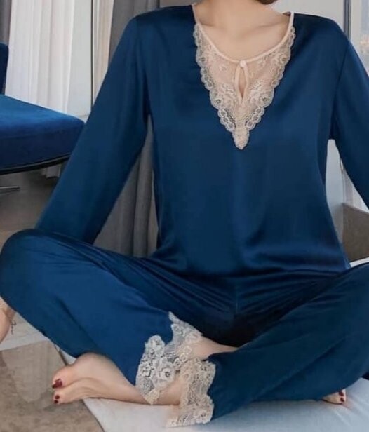 Annalise Blue elegant Pyjamas  with cream lace trim