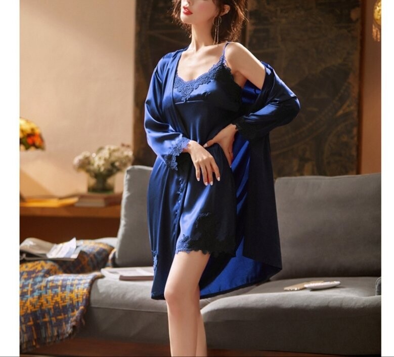 Clara Blue Satin Night Dress & Dressing Gown