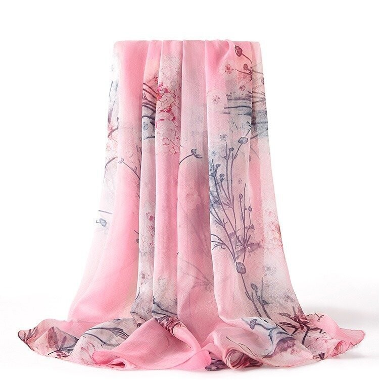 Silk Chiffon Scarf  Pink with blue & Red flower design