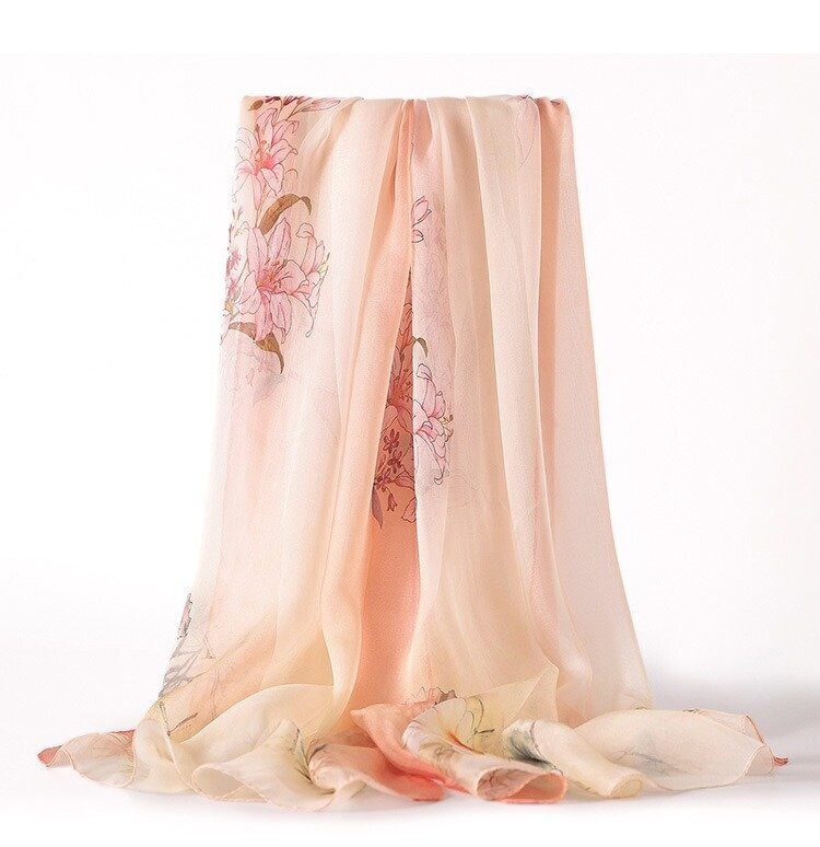 Silk Chiffon Scarf Peach with Lily design
