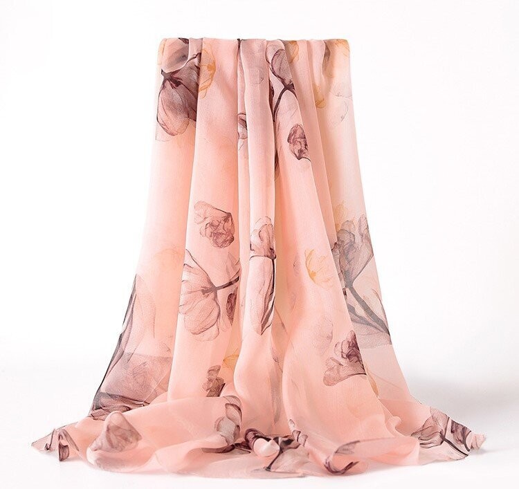 Silk Chiffon Scarf Peach with Poppy design