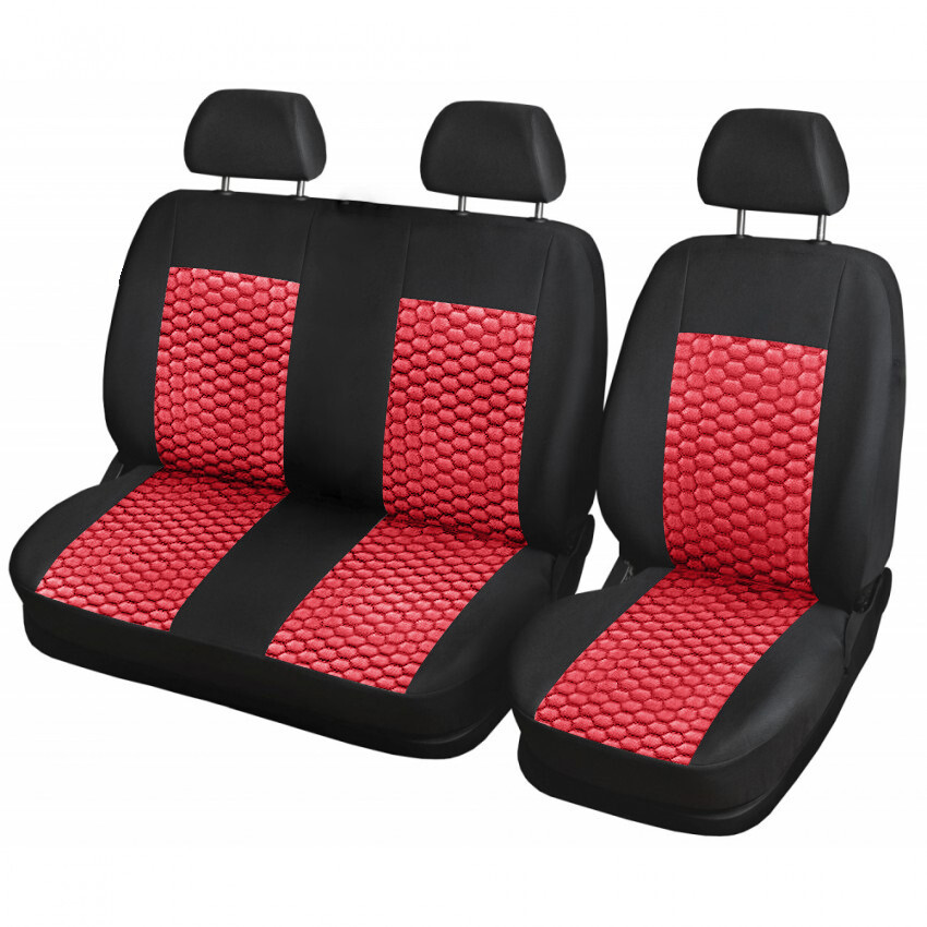 ​2+1 Huse Scaune Universal pentru Ford Transit,Mercedes Sprinter,Opel Movano,Renault Master,VWCrafter,VW Transporter,VW LT,Peugeot Boxer,Citroen Jumper Nergu Rosu Lux PU Piele Textile