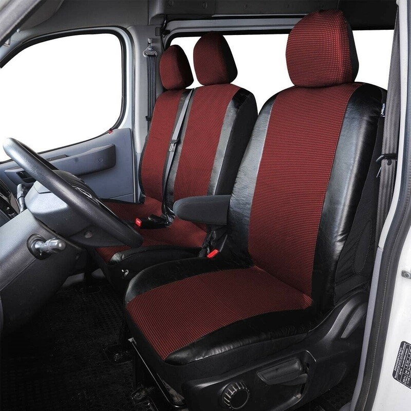 ​2+1 Huse Scaune Universal pentru Ford Transit,Mercedes Sprinter,Opel Movano,Renault Master,VWCrafter,VW Transporter,VW LT,Peugeot Boxer,Citroen Jumper Nergu Rosu Lux PU Piele Textile