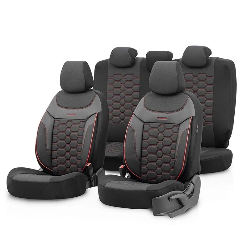 Huse Scaune pentru Masini Auto Universal Negru Rosu Lux PU Piele Textil Set Complet Carbon Seriа