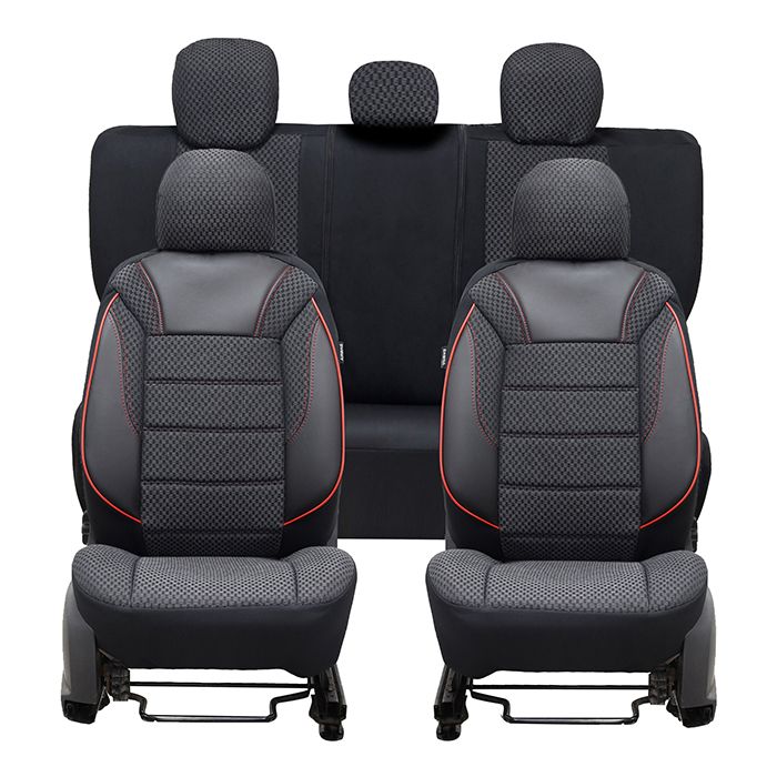 Huse Scaune Auto Universal Negru Rosu Lux Piele Textil Set Complet