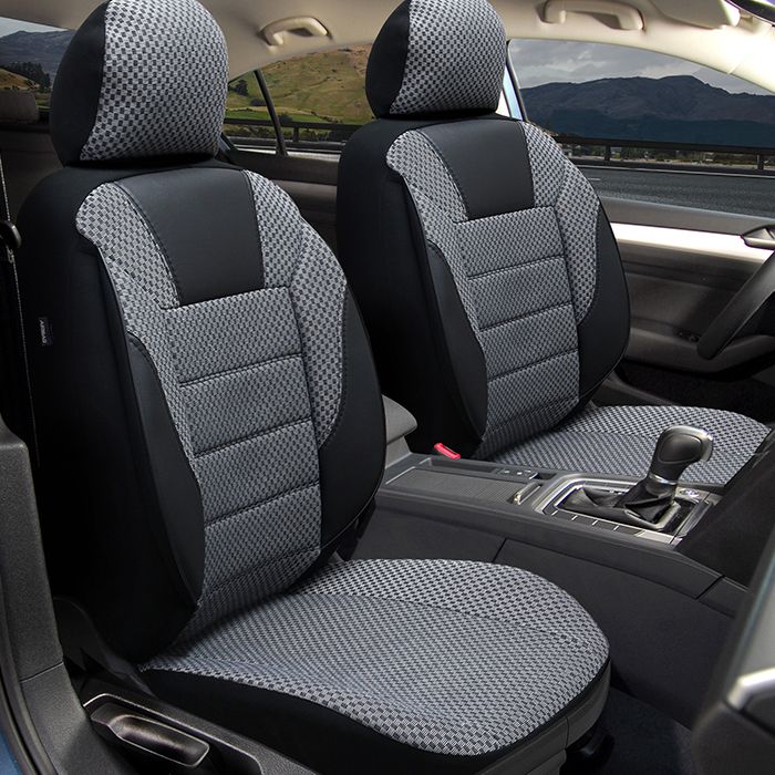 Huse Scaune Auto Universal Negru Gri Lux Piele Textil Set Complet