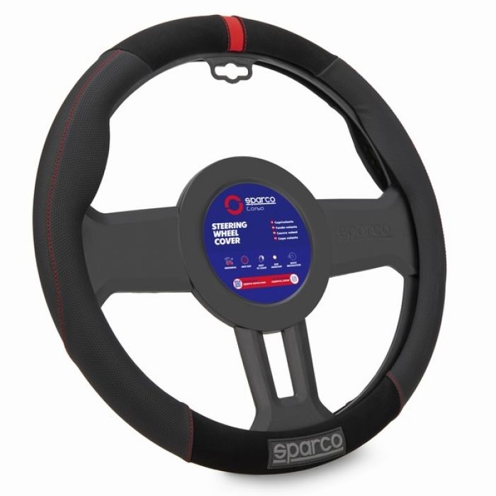 Universal Sparco Husa Piele Volan Auto Negru Rosu Diametru 38mm