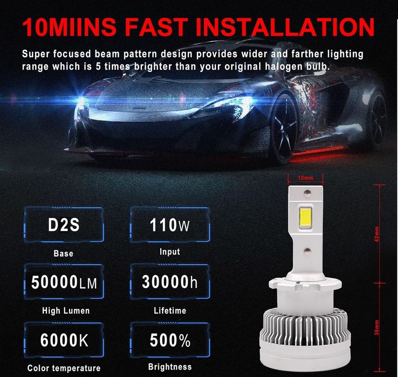 2 x Led D2S Xenon 12-24V 50000lm Canbus Lumini Lampa Faruri Becuri Auto Camoin Moto 6000K