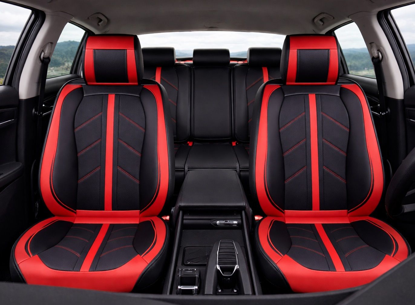 HUSE SCAUNE PENTRU MASINI UNIVERSAL NEGRU ROSU PIELE SET COMPLET